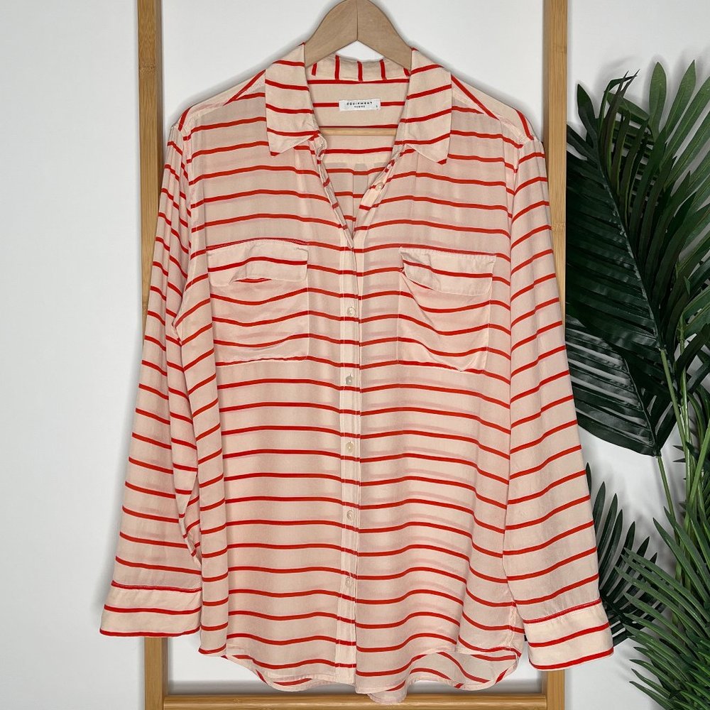 SOLD Equipment Femme Orange Striped Silk Shirt Blouse Top Size L Long Sleeve - Picture 1 of 12